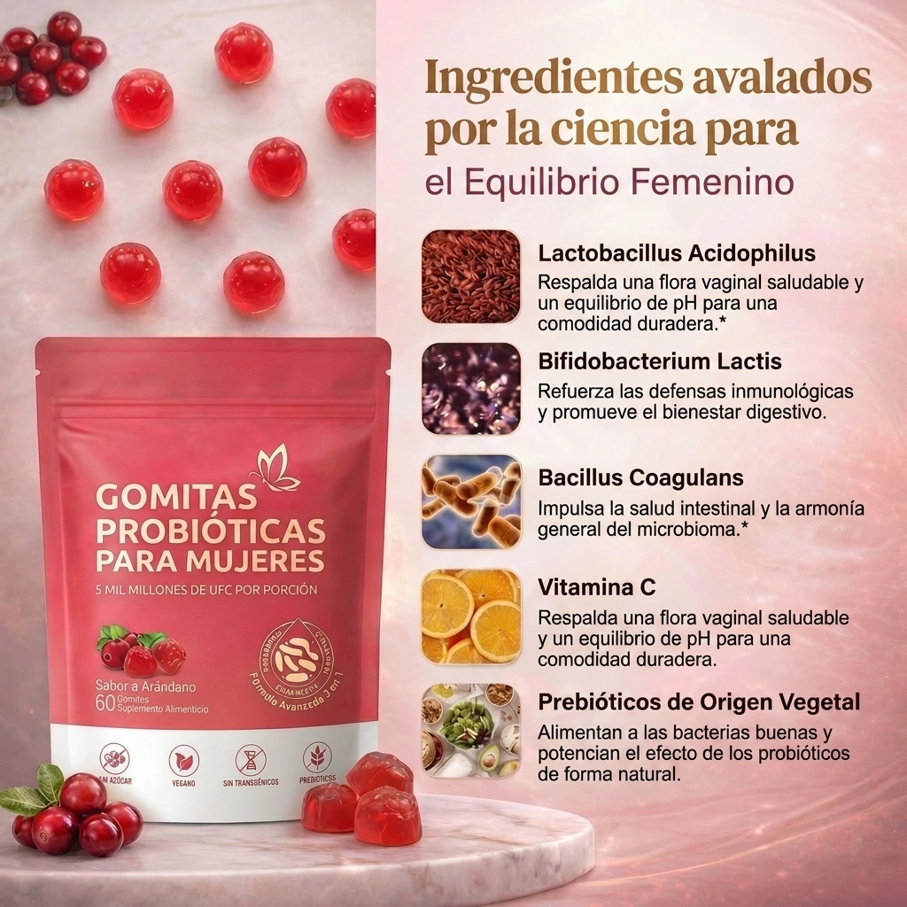 FloraEase™ - Gomitas Probióticas para Mujeres +40 | Equilibrio Hormonal e Intestinal